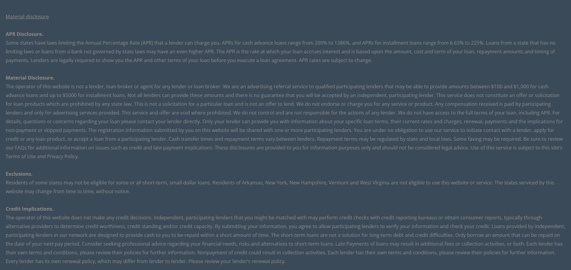 Material disclosure for payday loans in Seattle Washington